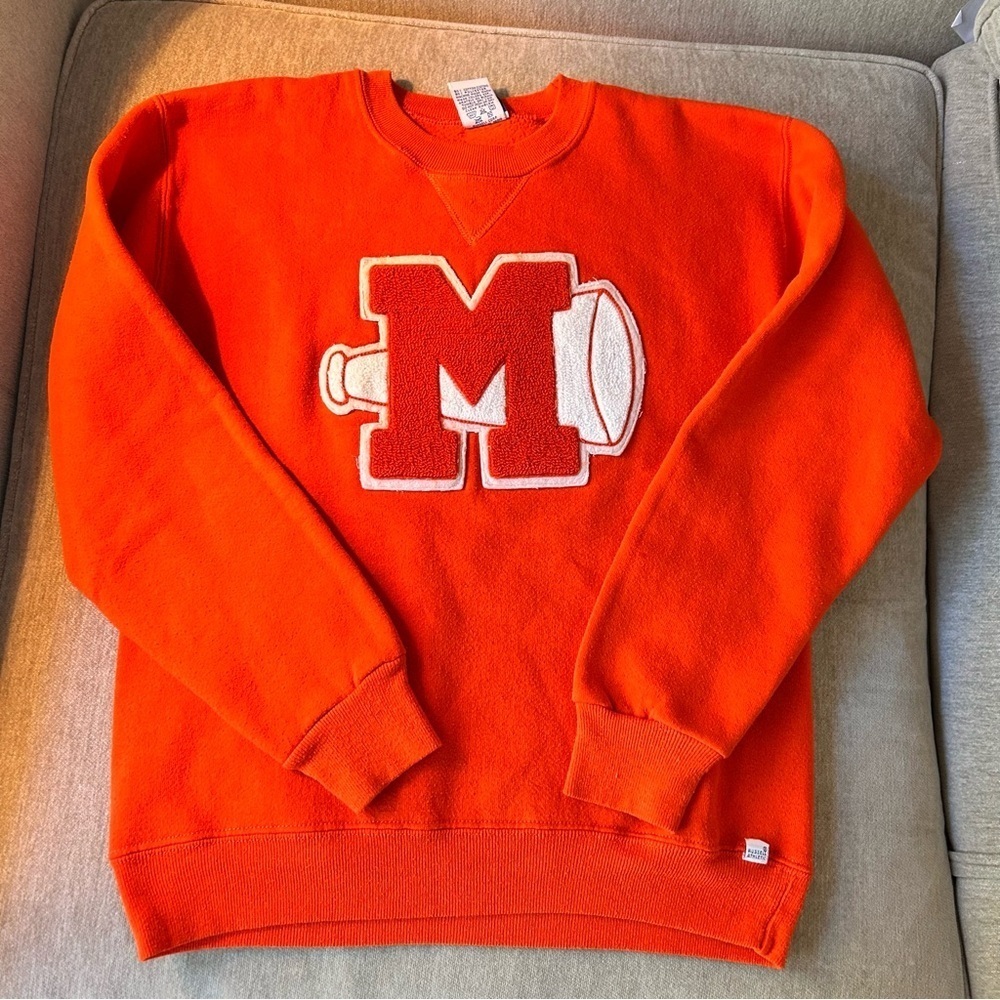 Vintage Russell Athletic Orange Crewneck Sweater with Letter M Patch megaphone
